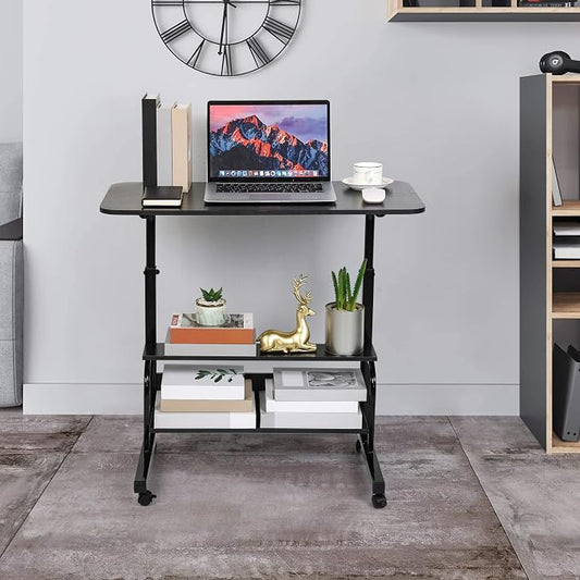 Adjustable Laptop Standing Desk - Mobile Rolling Computer Workstation for Small Spaces, Portable Home Office Desk with Storage Black