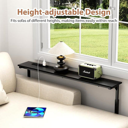 GRLEAF 45" Adjustable Height Narrow Console Table with Power Outlets, Long Sofa Table with Charging Station Behind Couch Table Skinny Entryway Table for Living Room, Hallway and Office – Black