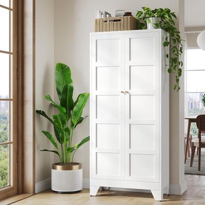 72" Tall Kitchen Cabinet Storage Unit With 2 Doors and 4 Adjustable Shelves, Metal White Freestanding Cupboard, 5 Tier Kitchen Pantry Storage Cabinet for Kitchen Dining/Living Room/Garage/Home/Office
