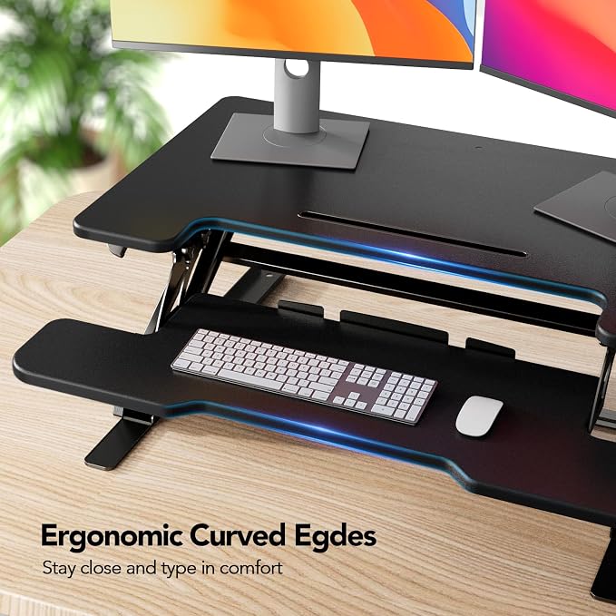 HUANUO 36" Z Shaped Stable Standing Desk Converter, Height Adjustable Sit Stand Up Desk Riser, Dual Monitor and Laptop Workstation with Wide Keyboard Tray, Desk Lifter for Home Office,Black