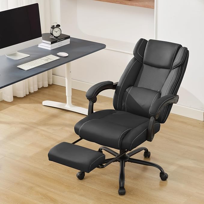 Reclining Office Chair with Footrest,Ergonomic Home Office Desk Computer Chair with Lumbar Support,Thick Executive Leather Chair,90-155° Adjustable (Black)