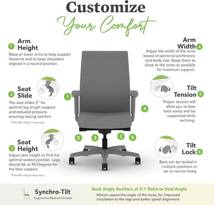 HON Ignition 2.0 Ergonomic Office Chair with Adjustable Arms, Advanced Synchro‑Tilt Recline, Upholstered Desk and Computer Chair for Home Office or Workstation, Titanium Frame, Frost