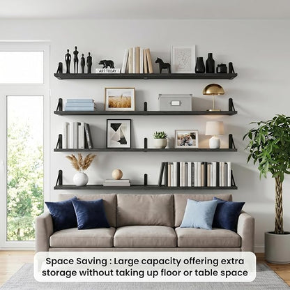 Long Wall Shelf,Large Floating Shelves for Wall,Wood Floating Bookshelves Hanging,Book Storage Display for Living Room Bedroom Office Bathroom Decor,4 Pack,57 Inch,Rustic Black