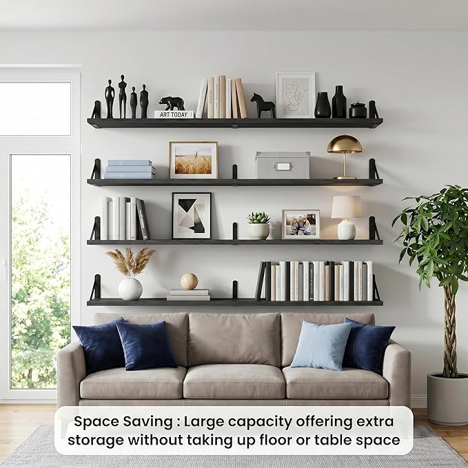 Long Wall Shelf,Large Floating Shelves for Wall,Wood Floating Bookshelves Hanging,Book Storage Display for Living Room Bedroom Office Bathroom Decor,4 Pack,47 Inch,Rustic Black