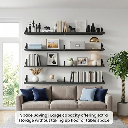 Long Wall Shelf,Large Floating Shelves for Wall,Wood Floating Bookshelves Hanging,Book Storage Display for Living Room Bedroom Office Bathroom Decor,4 Pack,47 Inch,Rustic Black