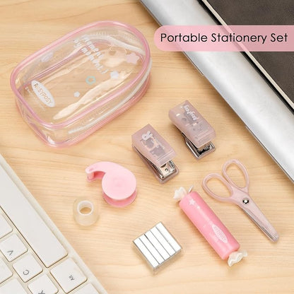 7-Pieces Clear Desk Organizer Set - with Stapler, Hole Punch, Tape Dispenser, Scissors & Highlighters, Transparent Office Supplies Kit for Home Office, School & Workspace