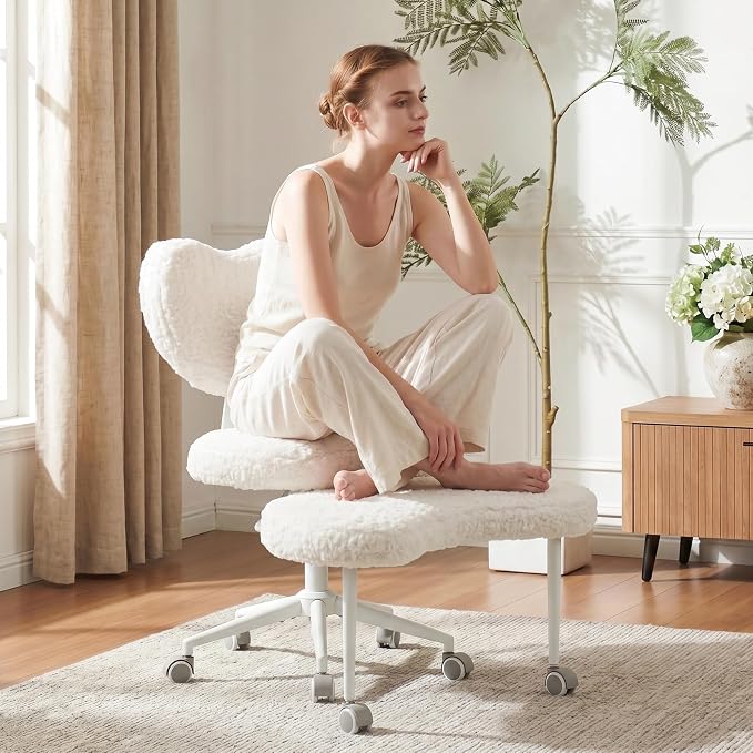 Cross Legged Office Chair with Wheels, 360 Swivel Height-Adjustable Meditation Chair with Lumbar Support, Beige