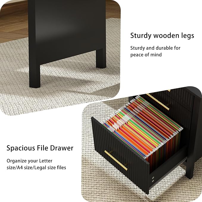 Fluted Executive Desk with Drawers: 54" Black Home Office Desks with File Drawers, Modern Computer Desk with Gold Handles, Writing Table for Study, Living Room (Black, 54")