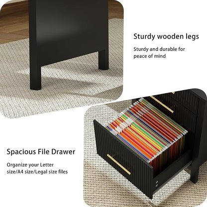Fluted Executive Desk with Drawers: 54" Black Home Office Desks with File Drawers, Modern Computer Desk with Gold Handles, Writing Table for Study, Living Room (Black, 54")