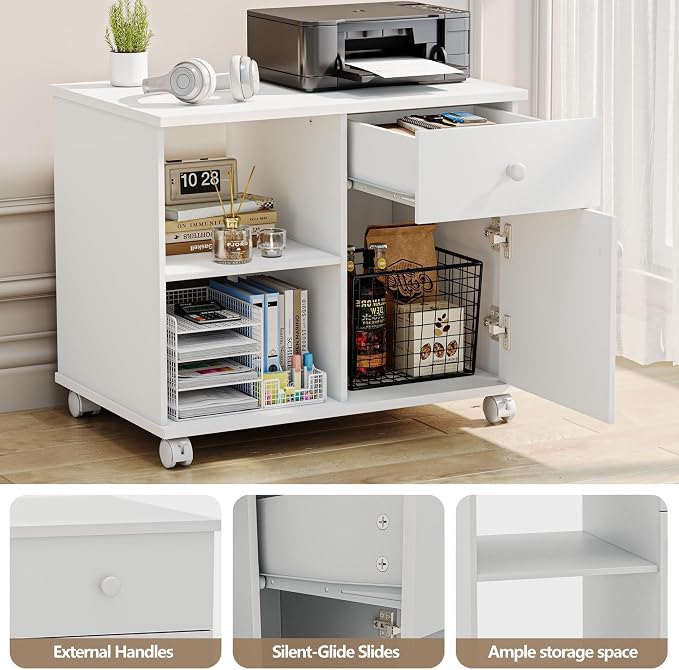 Quikraen Rolling File Cabinet with Doors | Adjustable Shelves Under Desk Storage Cabinet for Office Supplies Mobile Filing Cabinet White