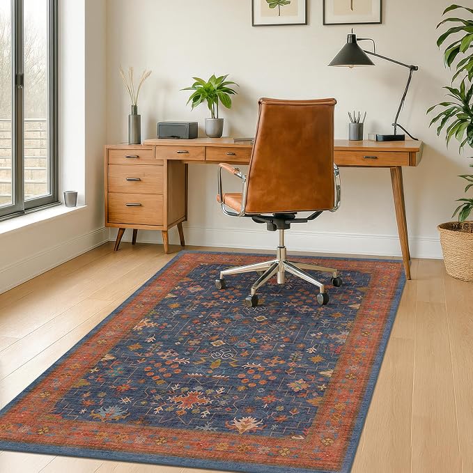 36"x48" Navy Blue Boho Office Chair Mat for Hard Wood & Tile Floor, Low Pile Carpet Floor Protector for Rolling Chair, Machine Washable Under Desk Rug, Non Slip Rubber Backing