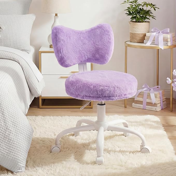 Homkdom Vanity Chair with Wheels, Cute Desk Chair with Bow Backrest, Fluffy Faux Rabbit Fur Small Office Chair for Vanity, Make-up Room, Bedroom, Dorm, Height Adjustable, Purple