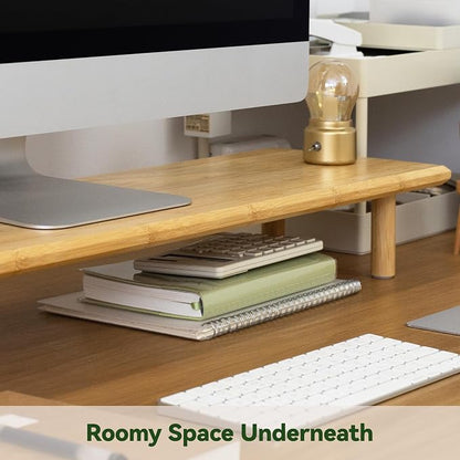 Bamboo Dual Monitor Stand Riser with Underneath Storage, Ergonomic Desk Shelf Supports PC Computer Monitor, Printer, TV for Home, Office, Natural