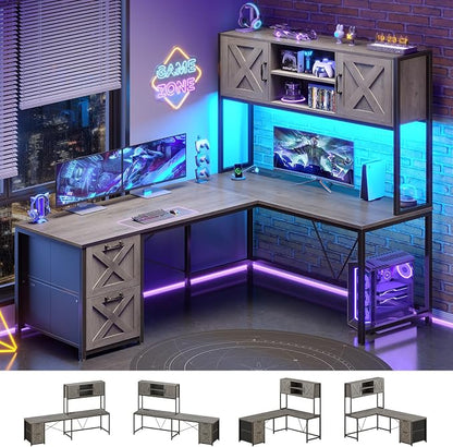 SEDETA L Shaped Gaming Desk, Reversible 86.6" Computer Desk with Fabric Drawers and Power Outlet, Gaming Desk with Led Lights, Hutch and Storage for Home Office, Light Gray