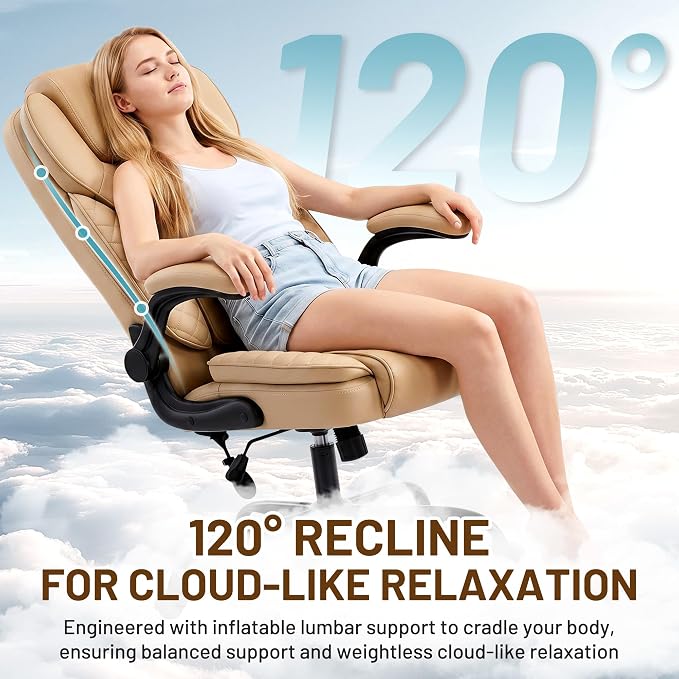 Ergonomic Office Chair, PU Leather High Back Executive Chair with Adjustable Inflatable Lumbar Support and Padded Flip-Up Arms, Recline Swivel Task Computer Chair for Home Office, Khaki