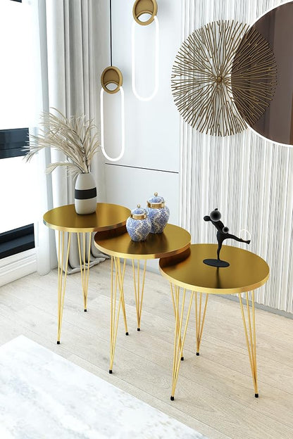 Set of 3 High Gloss Gold Nesting End Tables Round Wood Stacking Coffee Side Accent Table with Metal Legs for Living Room, Home Office, Nightstands for Bedroom