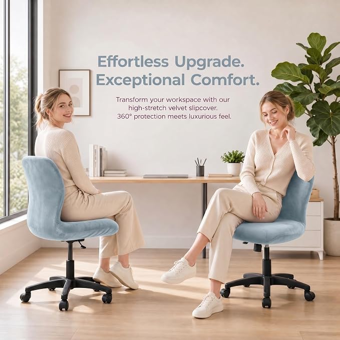 Deisy Dee Velvet Stretch Armless Office Chair Covers - Colorful Stretch Slipcover for Desk Chairs (Baby Blue)