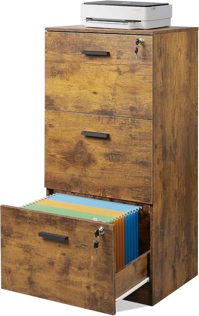DEVAISE 3 Drawer File Cabinet with Lock, Vertical Wood Filing Cabinet for Office Storage, Printer Stand for Filing Cabinets for Home Office, Rustic Brown