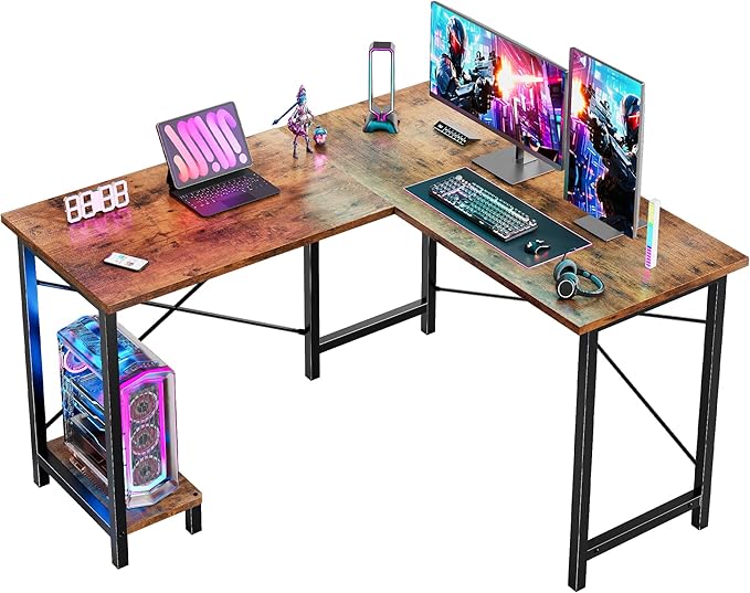 DUMOS L Shaped Desk, Computer Gaming Desks Corner Office Table with CPU Shelf for Home Study Writing Work Station 50 Inch, Sturdy Modern Design, Study, and Home Office Use, Rustic Brwon