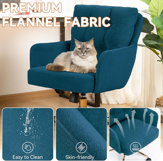 Flannel Office Chair, Comfy Home Office Desk Chairs with Lumbar Support, Modern Velvet Desk Chair Gold Legs Small Swivel Task Chair for Home Office, Bedroom, Study (Blue, L)