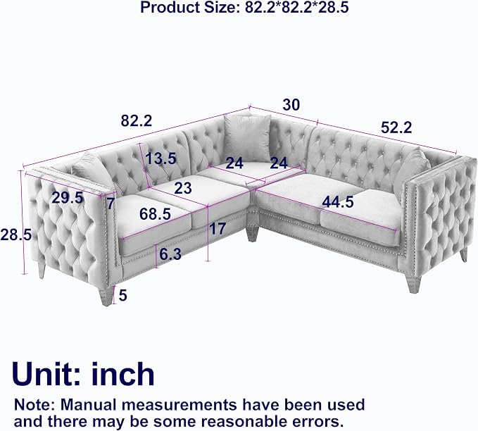 mikibama Modern L-Shaped Sofa Couch with Nailhead Trim,Chesterfiled Velvet 5 Seater Corner Sofas for Living Room,Button Tufted Modular Sectional Sofa with Gold Metal Legs (Velvet Beige, L-Shaped)
