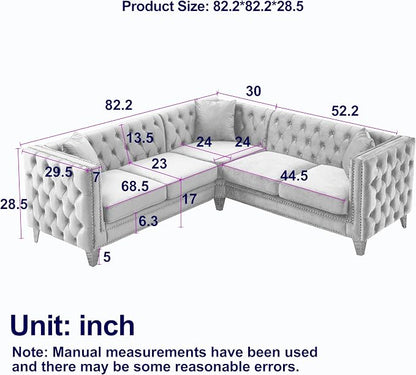 mikibama Modern L-Shaped Sofa Couch with Nailhead Trim,Chesterfiled Velvet 5 Seater Corner Sofas for Living Room,Button Tufted Modular Sectional Sofa with Gold Metal Legs (Velvet Beige, L-Shaped)