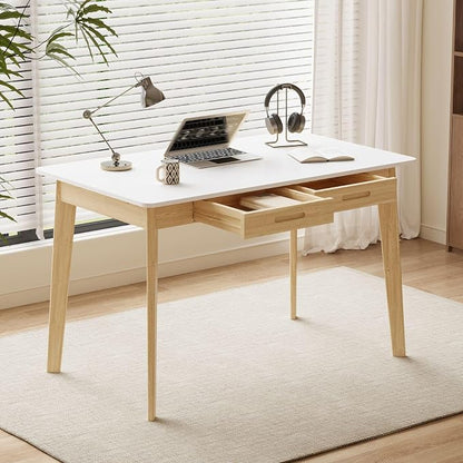 Timechee 40 Inch Compact Computer Gaming Desk, White Study Work Office Desk with 2 Storage Drawers, Rectangular Study Reading Table, Simple Computer Writing Table for Home Office, Living Room