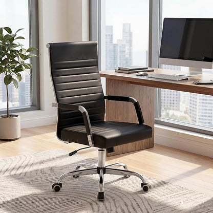 Furmax Ergonomic Office Desk Chair, Executive Ribbed Mid-Back PU Leather Conference Room Chair Adjustable Swivel Chair with Arms (1, Black)