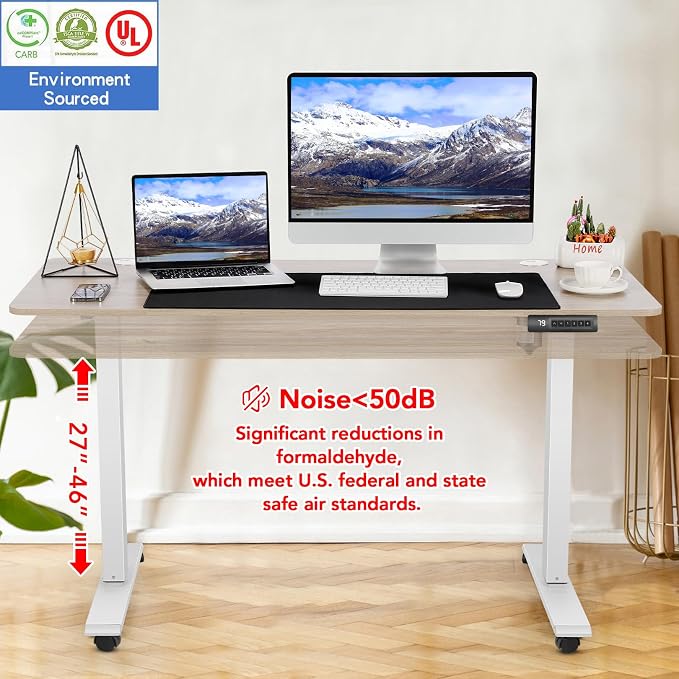 Electric Adjustable Standing Desk with Wheels, 63'' x 24''Sit Stand Desk with Dual Crossbeam Structure and Mouse Pad, 27''-46'' Lifting Range Stand up Desk(Oak)