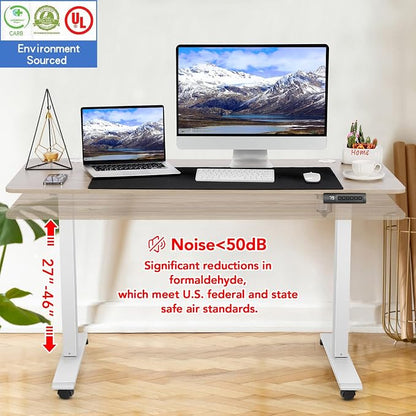 Standing Desk Adjustable Height, 48'' x 24'' Electric Sit Stand Desk for Home Office, Modern Rising Sturdy Ergonomic Workstation with Hooks and Wheels, Oak Grey