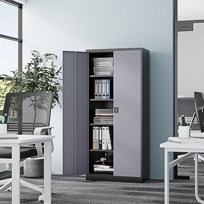 Fesbos Metal Storage Cabinet-72” Tall Steel File Cabinets with Lockable Doors and Adjustable Shelves-Black&Gray Steel Storage Cabinet for Kitchen, Office, Garage