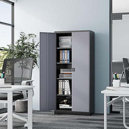 Fesbos Metal Storage Cabinet-72” Tall Steel File Cabinets with Lockable Doors and Adjustable Shelves-Black&Gray Steel Storage Cabinet for Kitchen, Office, Garage