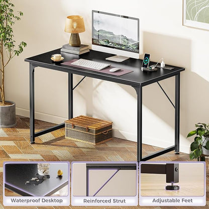PRAISUN 40 X 20 Inch Computer Desk with Power Outlets and USB-C Port, Gaming Office Desk with Deeper Desktop, Writing Work Desk for Home Office, Study, Bedroom, Work from Home Desk, Metal Frame, Black