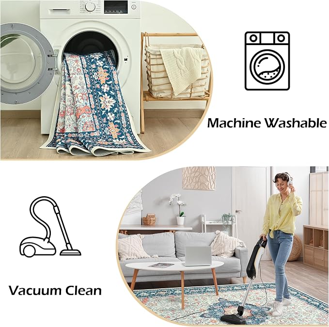 Goideal Washable Rug 6x9, Vintage Area Rugs Non Slip, Indoor Low Pile Carpet with Rubber Backing for Living Room Kitchen Bathroom Entryway Office Bedroom,Cream & Navy