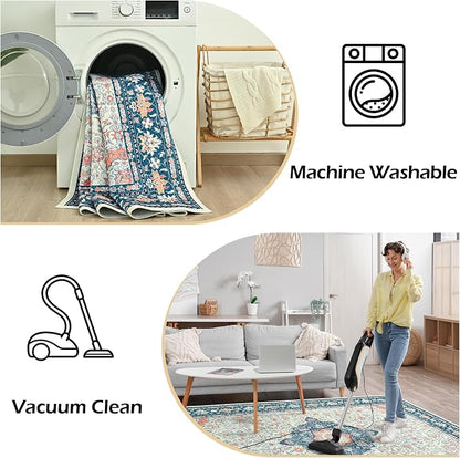 Goideal Washable Rug 5x7, Vintage Area Rugs Non Slip, Indoor Low Pile Carpet with Rubber Backing for Living Room Kitchen Bathroom Entryway Office Bedroom,Cream & Navy