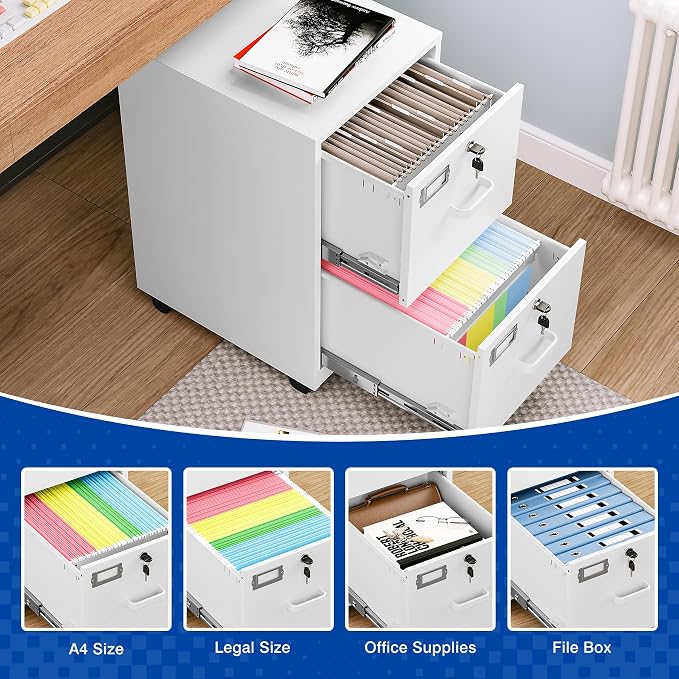 BYNSOE 2 Drawers File Cabinet with Lock Metal Vertical File Cabient with Wheels Mobile File Cabinet for Office Home Legal/Letter/a4 Size Require Assembly (White, 2 Drawers)
