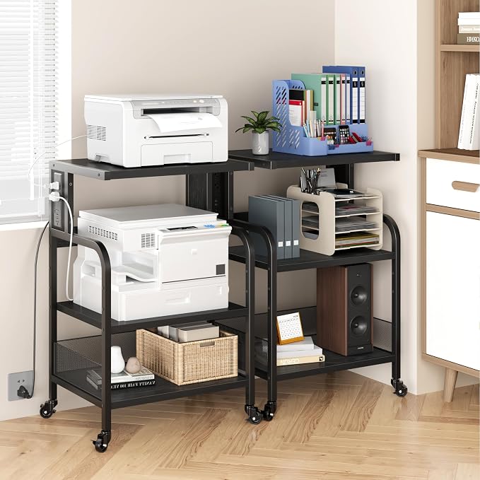 GarveeLife Printer Stand with Power Outlets, 3-Tier Rolling Printer Table with Lockable Wheels, Heavy Duty Printer Cart with Adjustable Shelves, Utility Storage Cart for Home, Office, Black