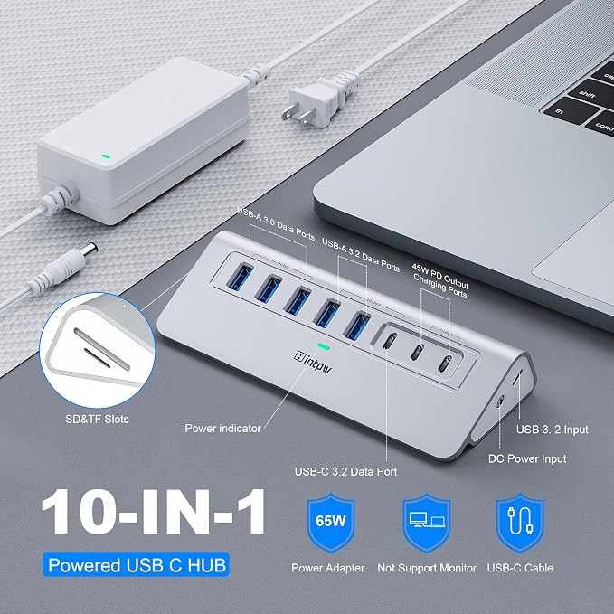 Powered USB Hub 10Gbps, Intpw YH6AC Plus 10-Port USB Hub 3.2 (USB A/USB C 3.2+3 USB-A 3.0+2 PD 45W Fast Charging Port+SD/TF Card Reader), 65W Power Adapter,Aluminum USB HUB for PC,Laptop,iPhone 17/16