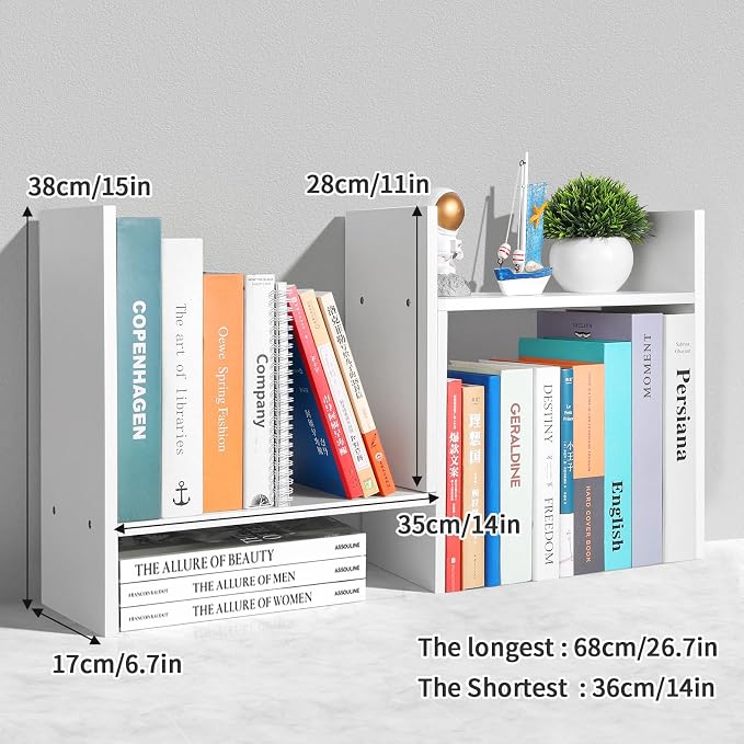 CITLOW Desktop Shelf Organizer - Adjustable Wood Desktop Bookshelf, Table Top Shelves, Desk Book Organizer for Office Supplies and Home Décor (White)