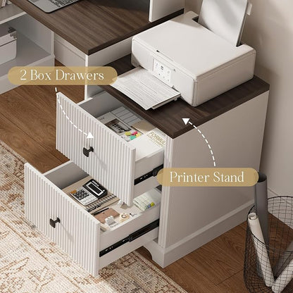 67" L Shaped Executive Desk with Drawers & Storage Shelf, Corner Computer Desk with Power Outlets, Home Office Desk with Monitor Stand, Printer Shelf, Computer Writing Desk for Work, Antique White