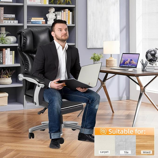 HOMREST Big and Tall Heavy Duty Office Chair 550LBS, Ergonomic Leather Executive Chair with 155° Recline, Large Back Pocket &Footrest, Computer Desk Chair for Heavy People, All Black