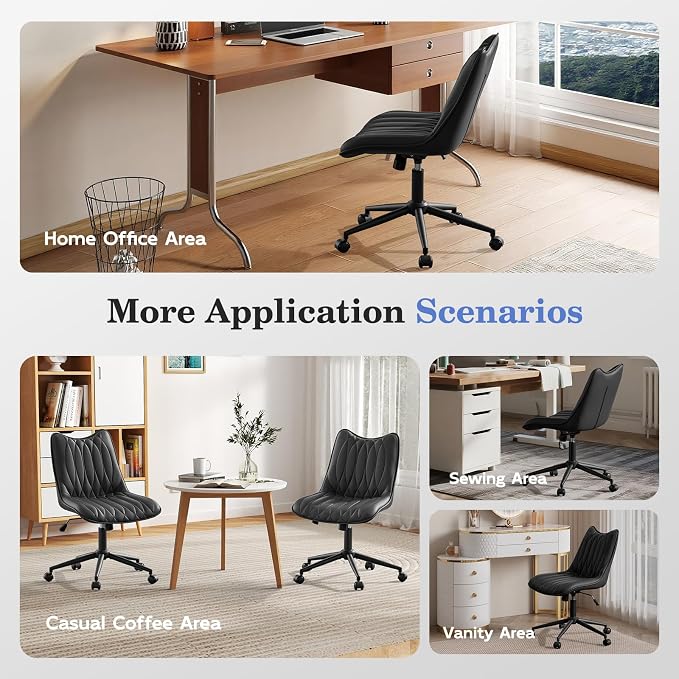 Armless Office Chair, Swivel Rolling Leather Desk Chair, Brown | Waterproof Upholstery, Padded Seat, 15° Relaxing Tilt, 330 LBS Capacity, for Bedroom Vanity and Computer Work