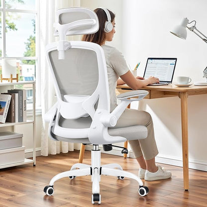 BESTFAIR Office Chair Ergonomic Desk Chair, Breathable Mesh Office Chairs with Adjustable Lumbar Support, Flip-Up Arms, Computer Desk Chair Comfy for Home Office, Light Gray
