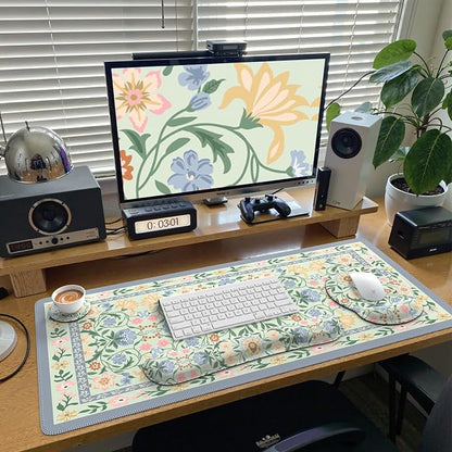 iCasso Desk Cover Mat, Gaming Mouse Pad Wrist Support Set,4in1 XXL Large Mousepad + Keyboard Wrist Rest+Mouse Wrist Rest+Coaster Set with Ergonomic Design for Home Office Table Computer(Green Flowers)