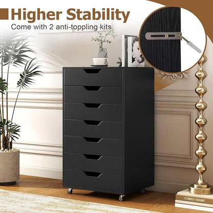 7 Drawers Filing Cabinet, Vertical File Cabinet for Home Office, Mobile Under Desk Office Storage Cabinets with Wheels (Black)