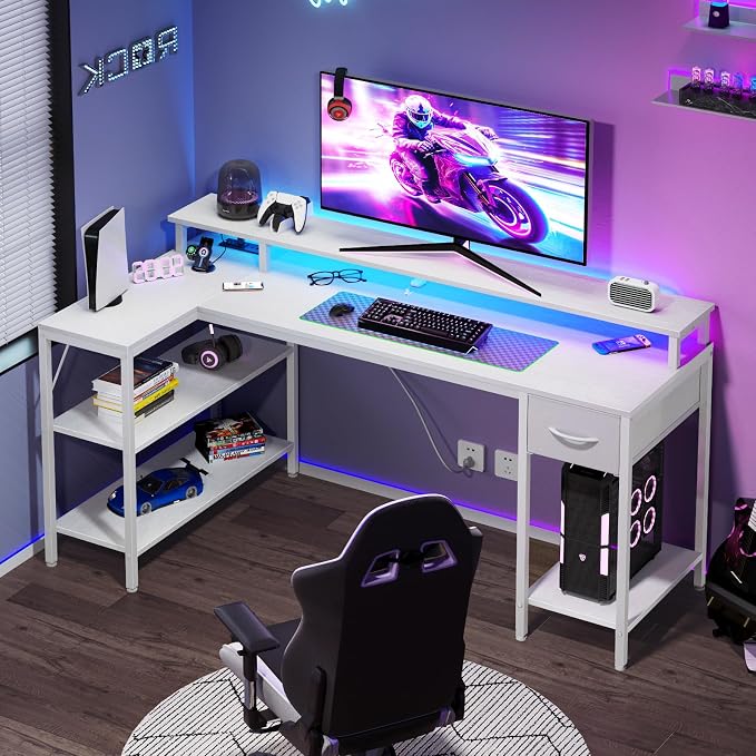 DUMOS 53" Gaming Desk with USB Charging Ports & LED Lights, Reversible L-Shaped Corner Computer Table for Small Spaces, Power Outlets, Monitor Stand & Storage Shelves Included, White