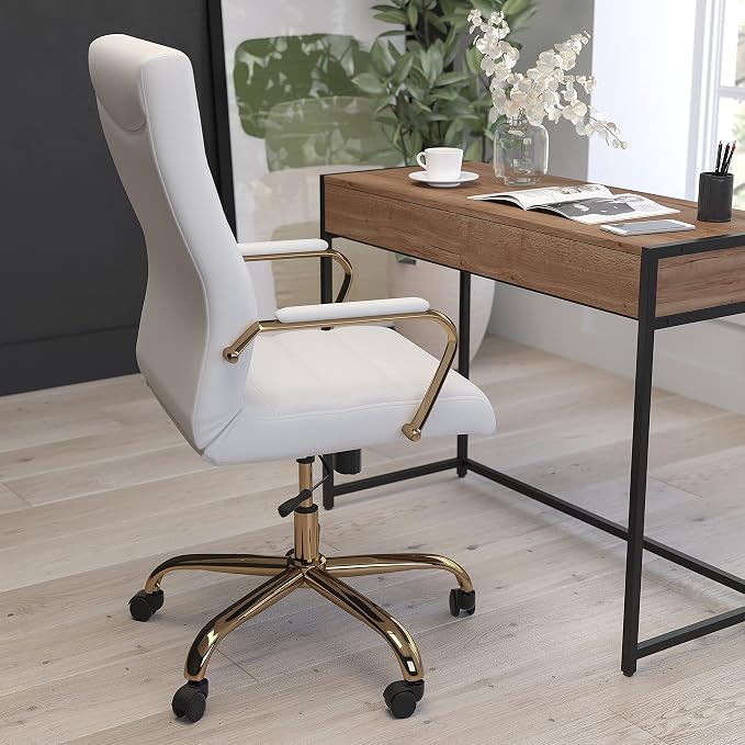 Merrick Lane Milano Contemporary High-Back White Faux Leather Home Office Chair with Padded Gold Arms