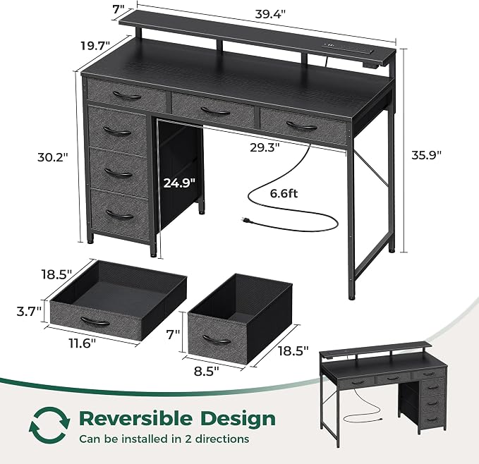 Huuger Gaming Desk with 6 Drawers, Computer Desk with LED Lights Power Outlets and Type-C, 39 Inch Office Desk with Storage, Monitor Stand, Writing Desk Work Desk Home Office, Bedroom, Black, 1CD100B