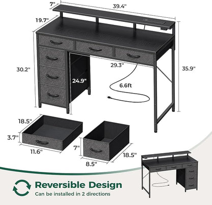 Huuger Gaming Desk with 6 Drawers, Computer Desk with LED Lights Power Outlets and Type-C, 39 Inch Office Desk with Storage, Monitor Stand, Writing Desk Work Desk Home Office, Bedroom, Black, 1CD100B