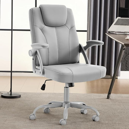 Executive Office Chair, Ergonomic PU Leather Computer Chairs, Executive Breathable Desk Chair with Padded Flip-Up Arms, 360° Swivel Rolling Chair Comfy Padded for Working Studying Gaming (Gray)
